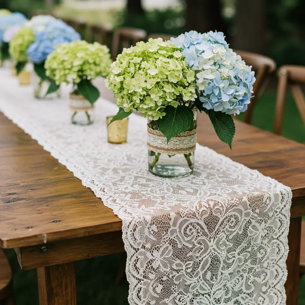 Hydrangeas on Lace Table Runners