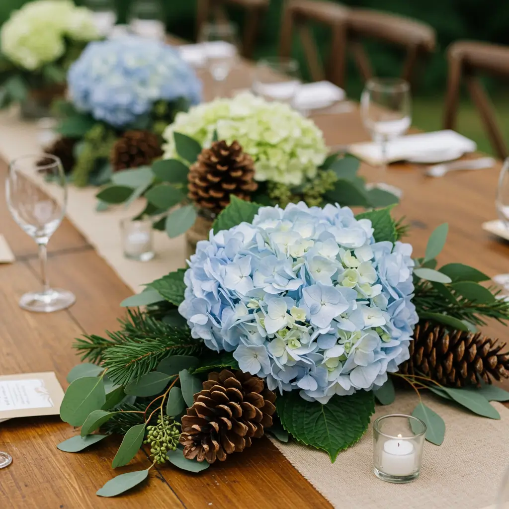  Hydrangeas with Pinecones and Eucalyptus