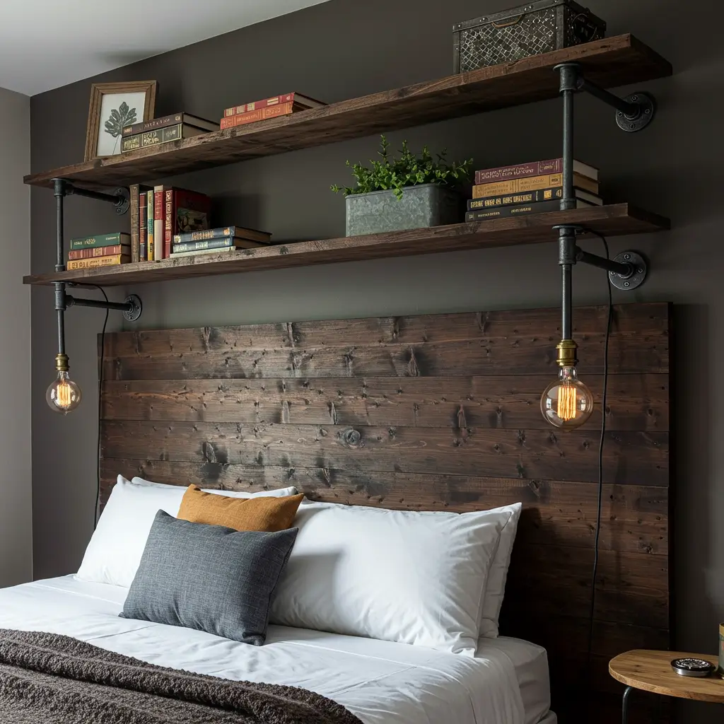 Industrial Pipe Shelving Above Headboard