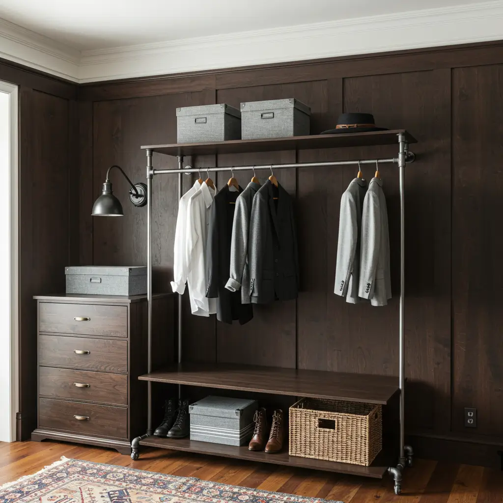 Iron Pipe Clothing Rack Against Wood Panel
