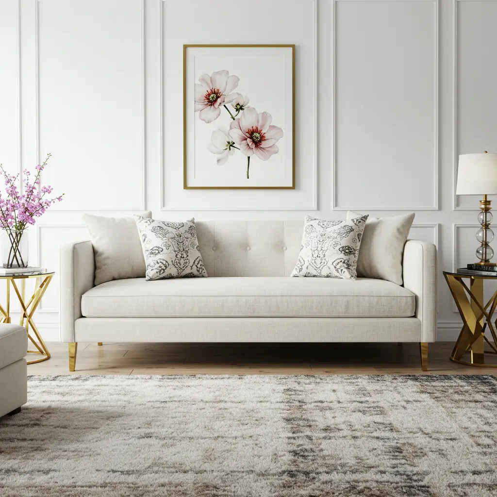 Ivory Sofa with Brass Legs