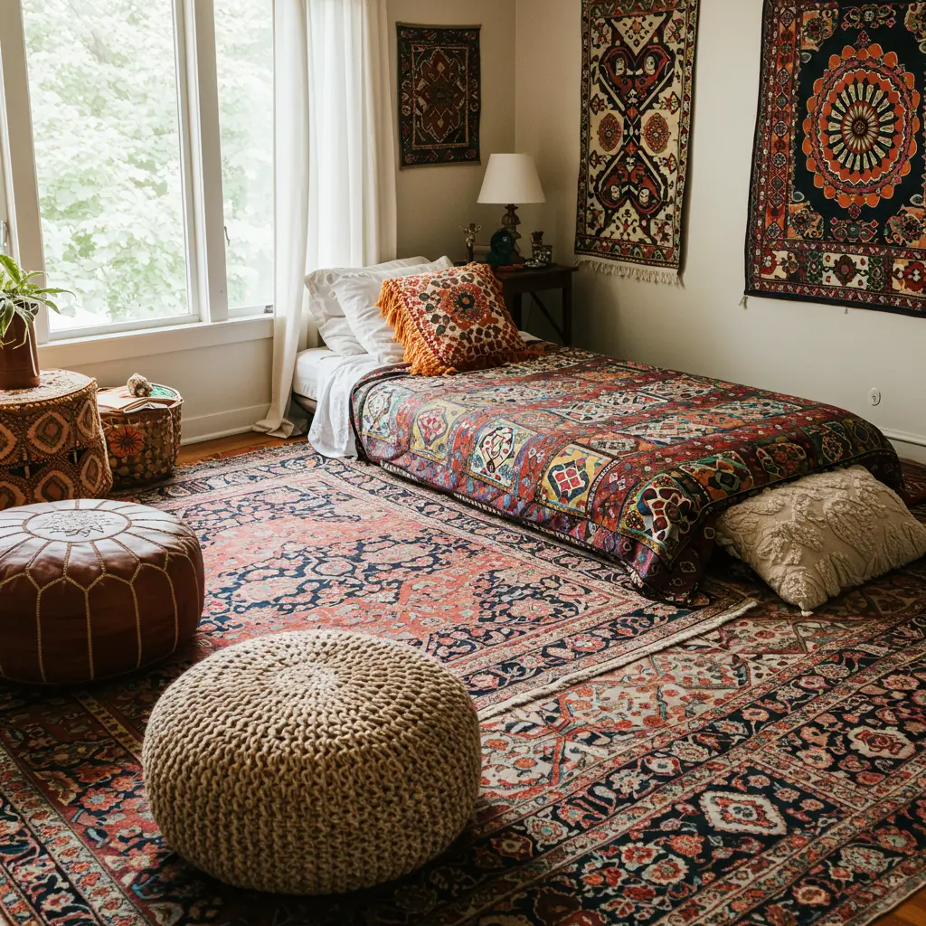 Layered Rugs and Floor Cushions