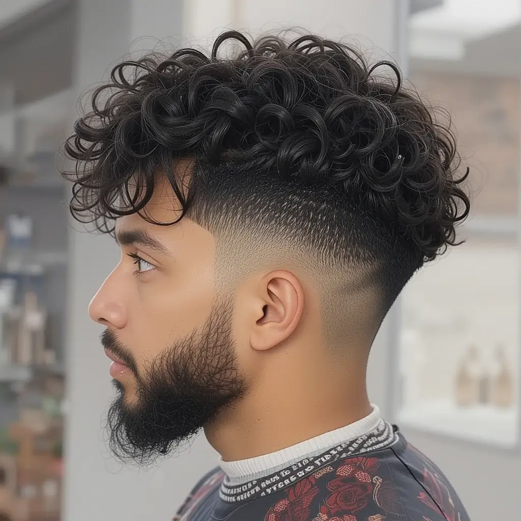 Low Fade with Tight Ringlets and Full Beard