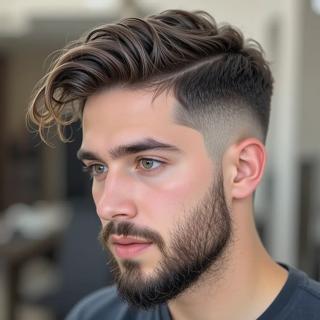 Low Fade with Wavy Hair and Patchy Beard
