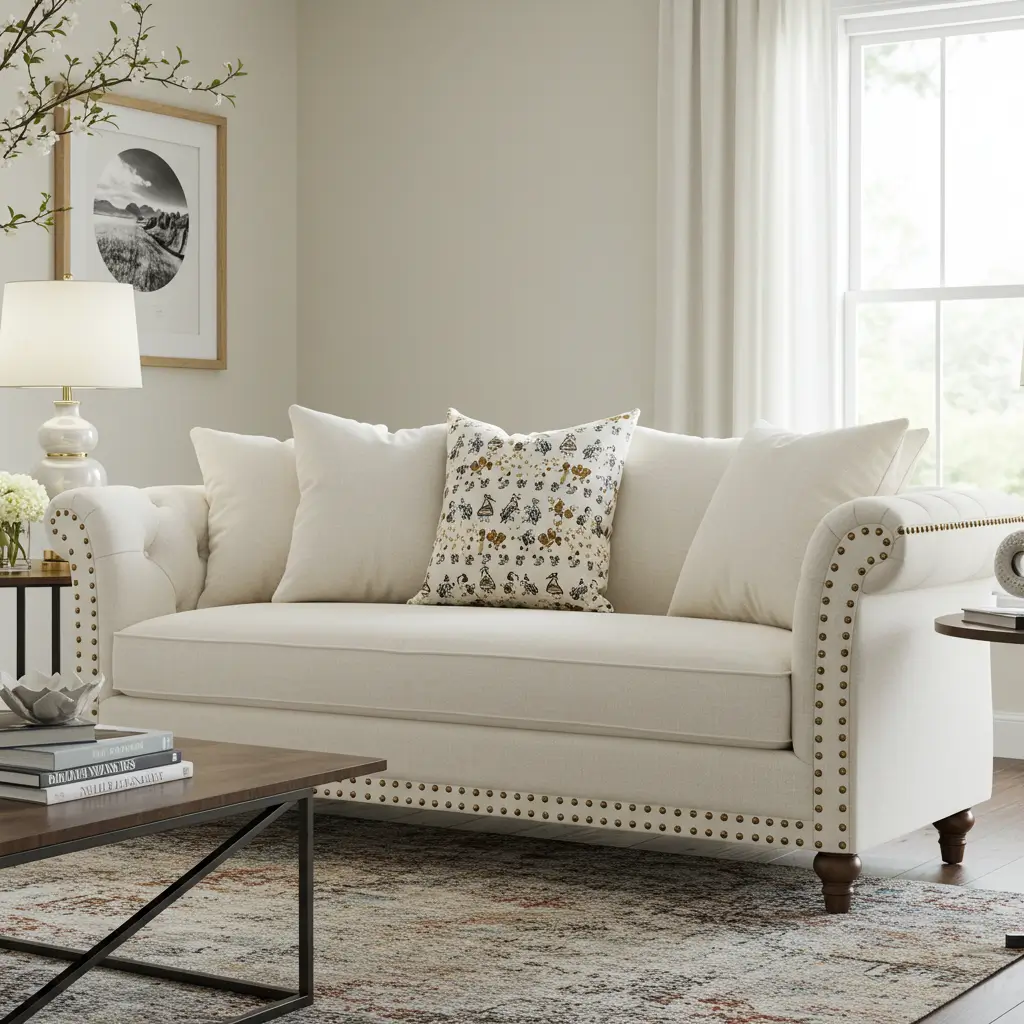 Luxe Cream Sofa with Nailhead Trim
