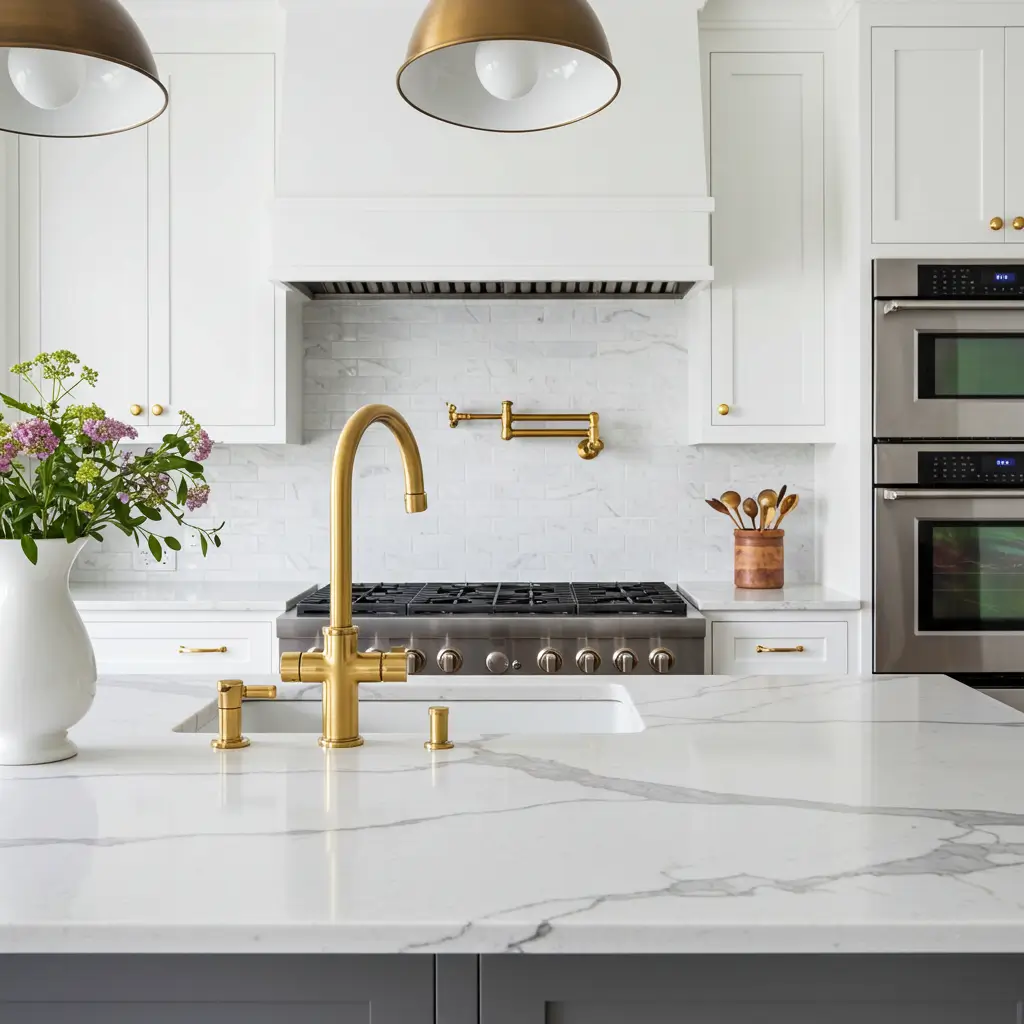 Marble Countertops with Gold Fixtures