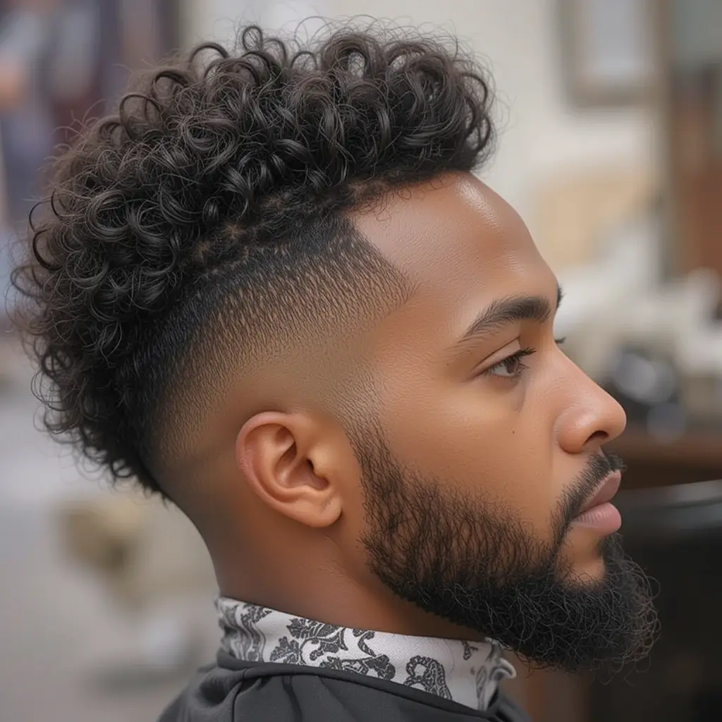 Mid Fade with Shaped Afro and Goatee