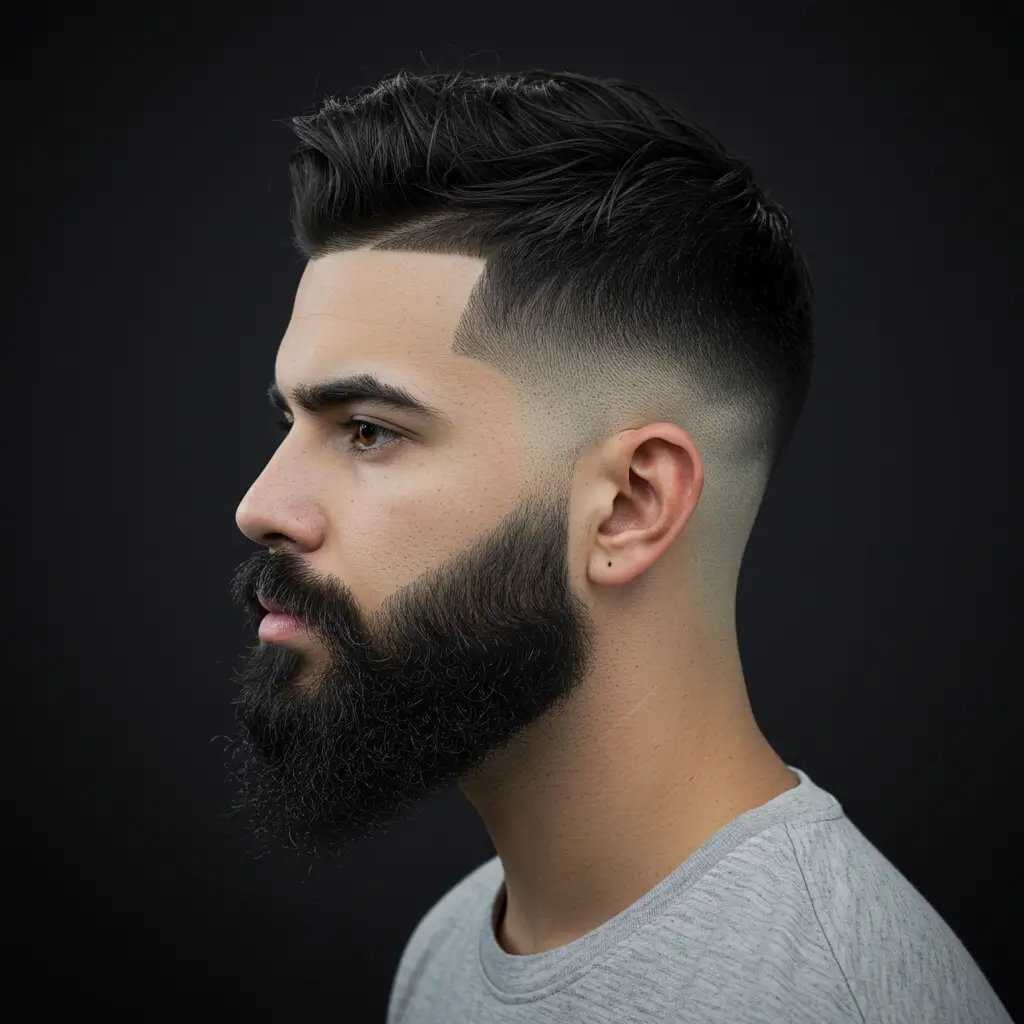 Mid Fade with Short Curls and Line-Up Beard