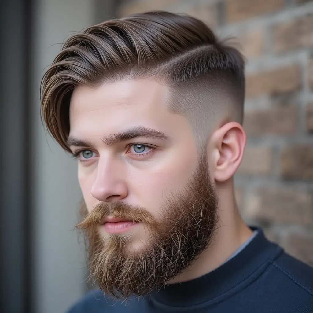 Mid Fade with Side Swept Fringe and Soft Beard