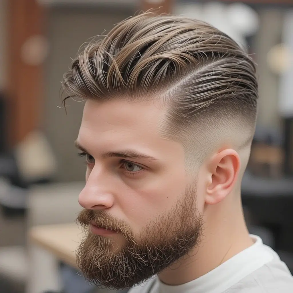 Mid Fade with Slicked Back Hair and Full Beard