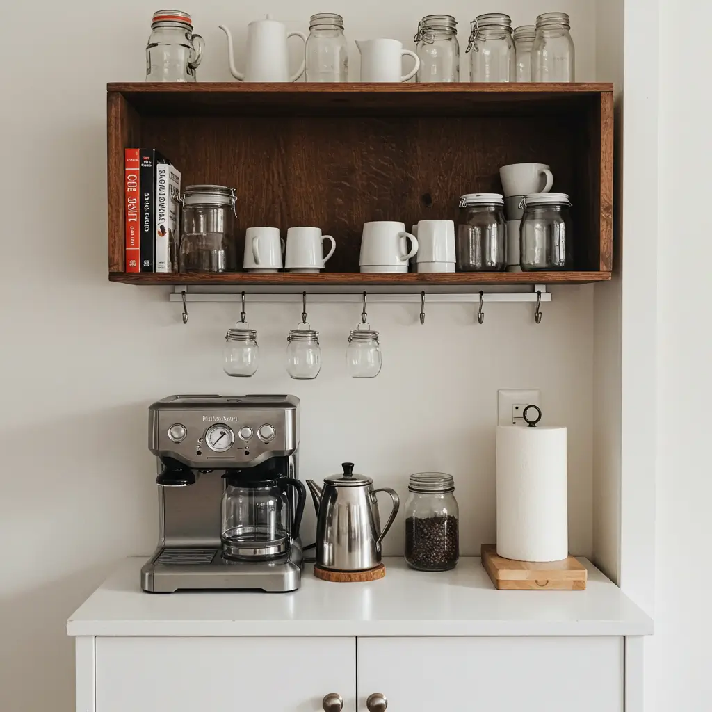 Minimal Coffee Station on Bookshelf