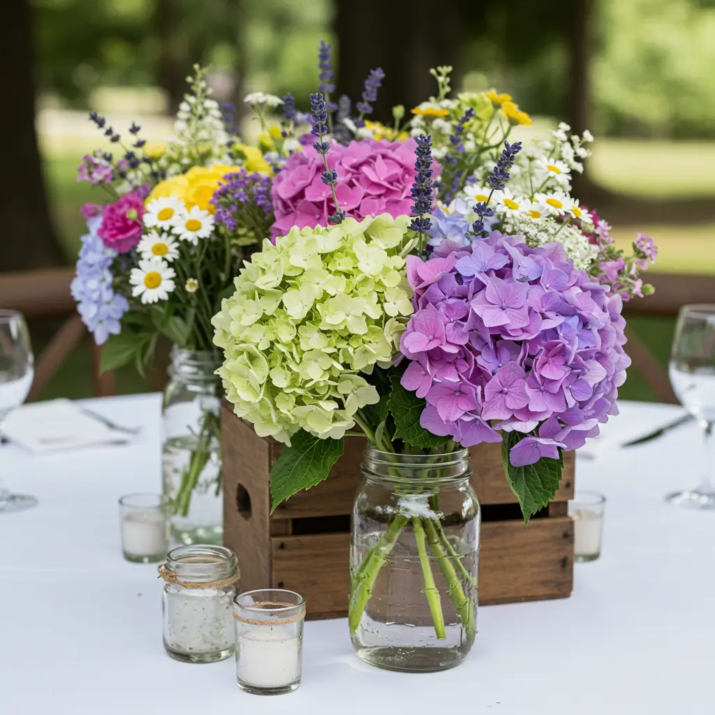 Mixed Wildflowers and Hydrangea Centerpiece