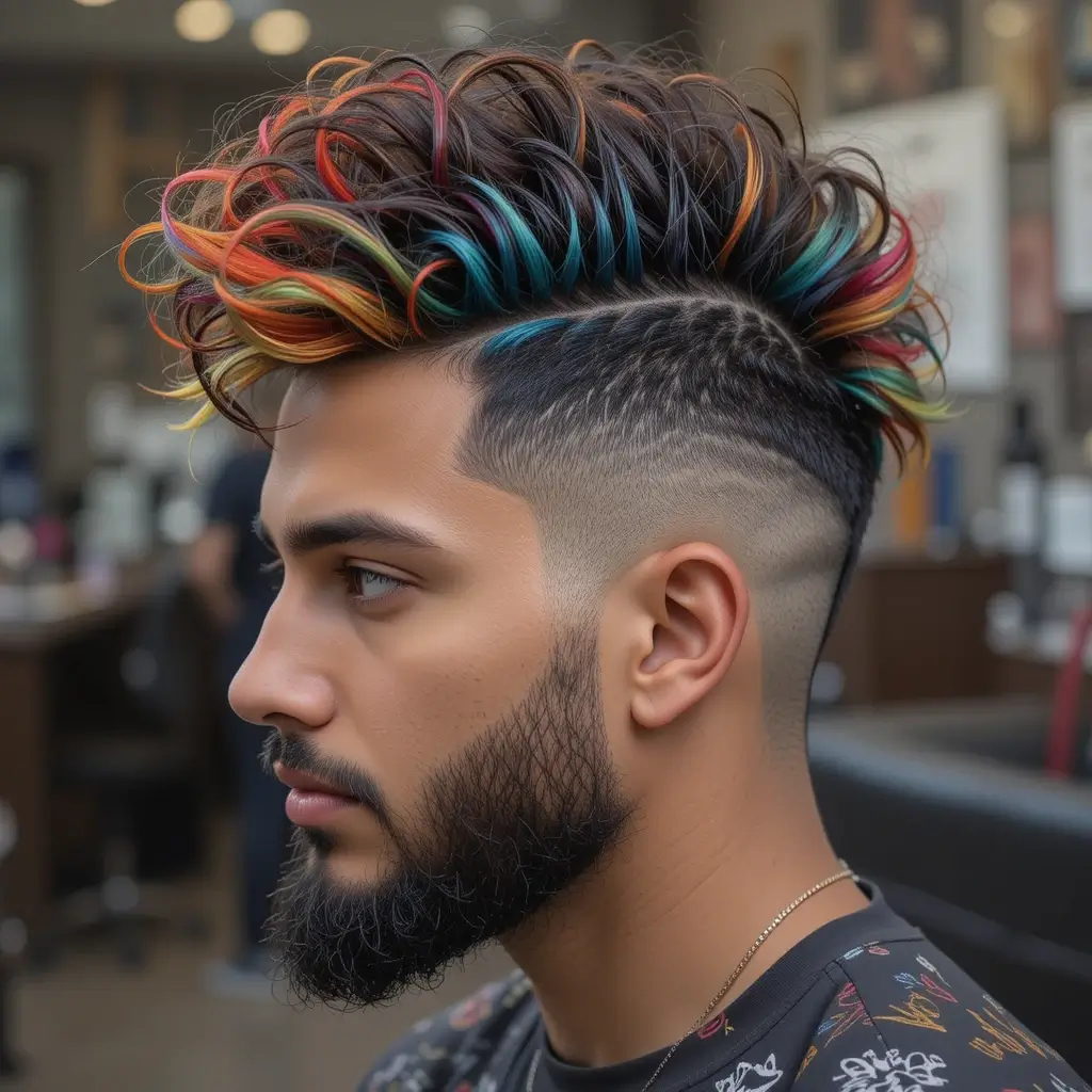 Mohawk Fade with Colored Tips and Sculpted Beard