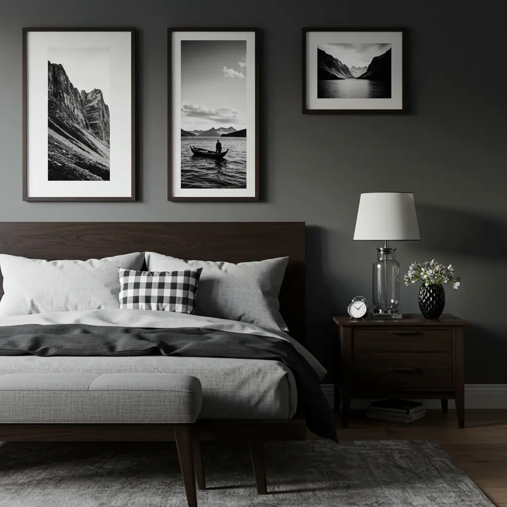 Monochrome Art and Dark Wood Frames