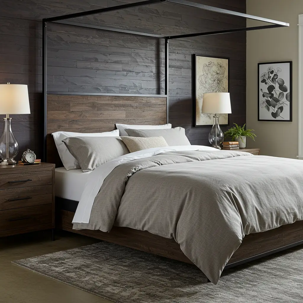 Neutral Bedding with Wood and Iron Frame