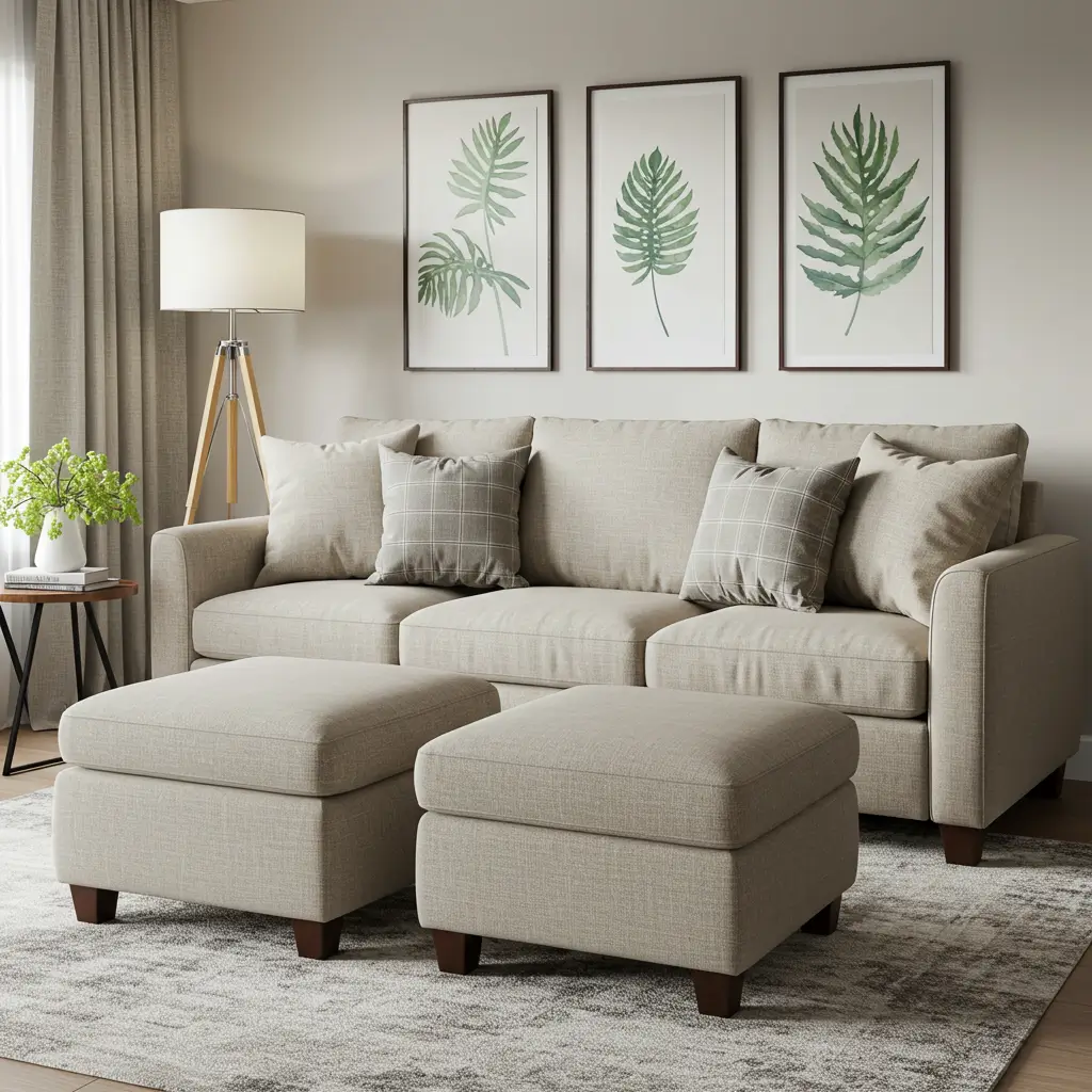 Neutral Sofa with Matching Ottoman