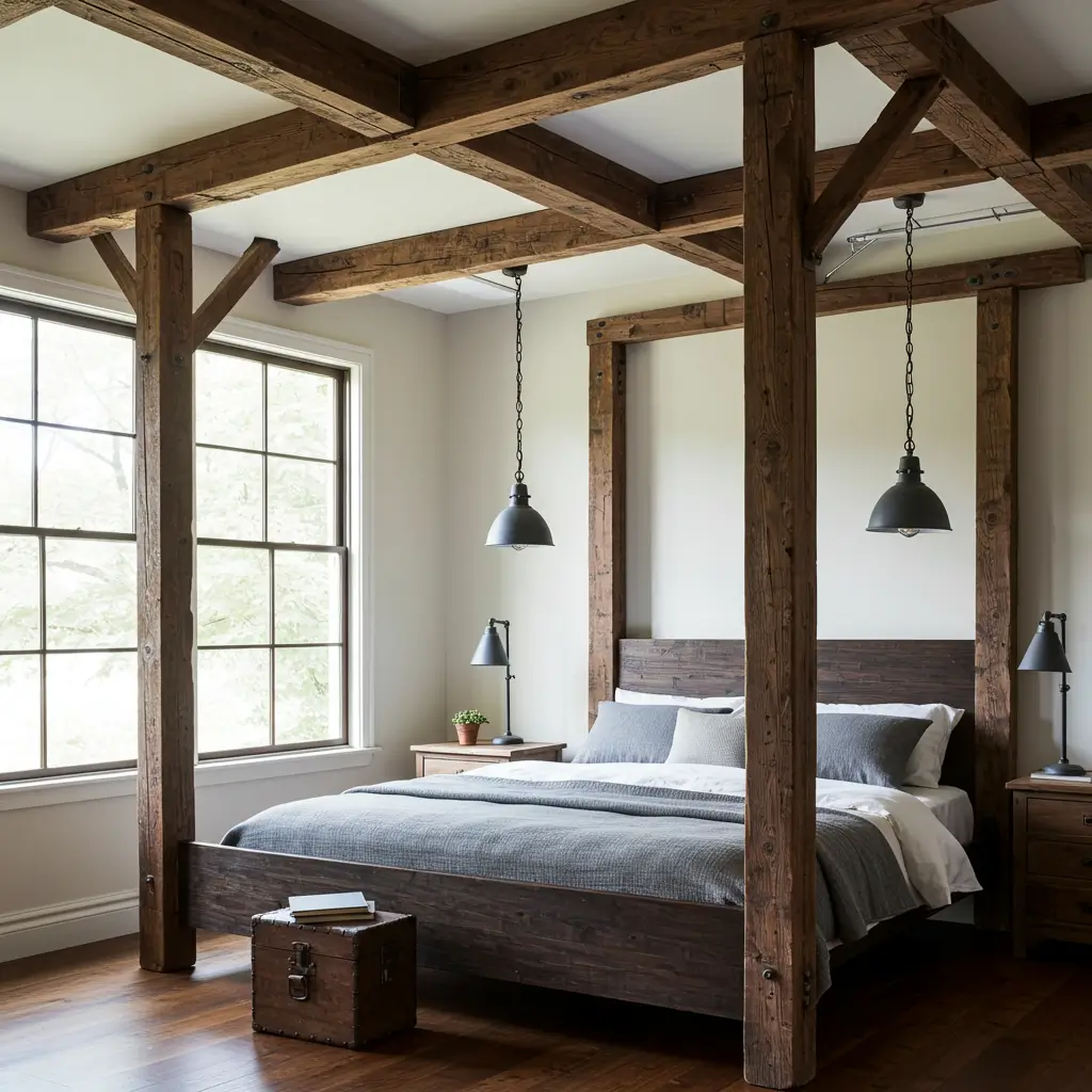 Raw Wood Ceiling Beams and Modern Lighting