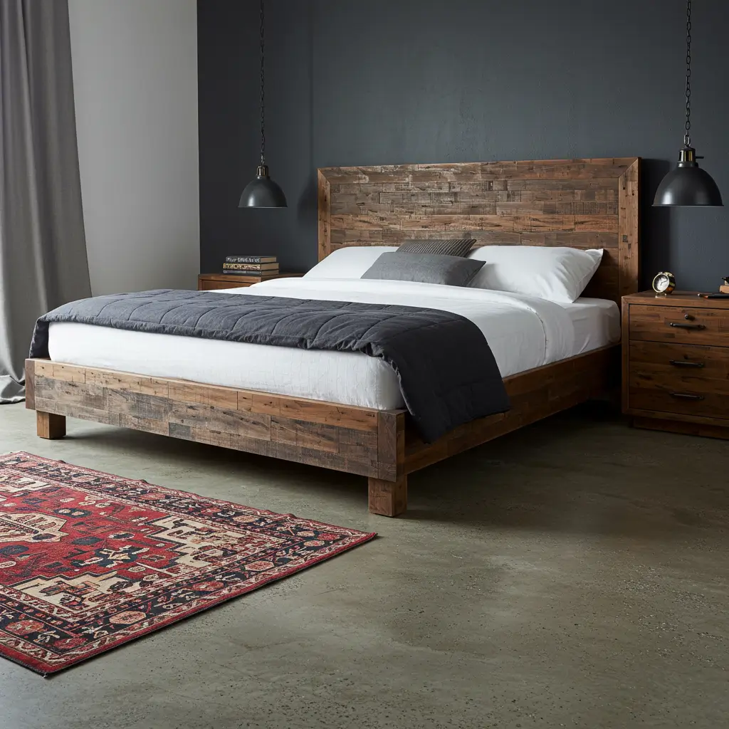 Reclaimed Wood Bedframe and Concrete Flooring