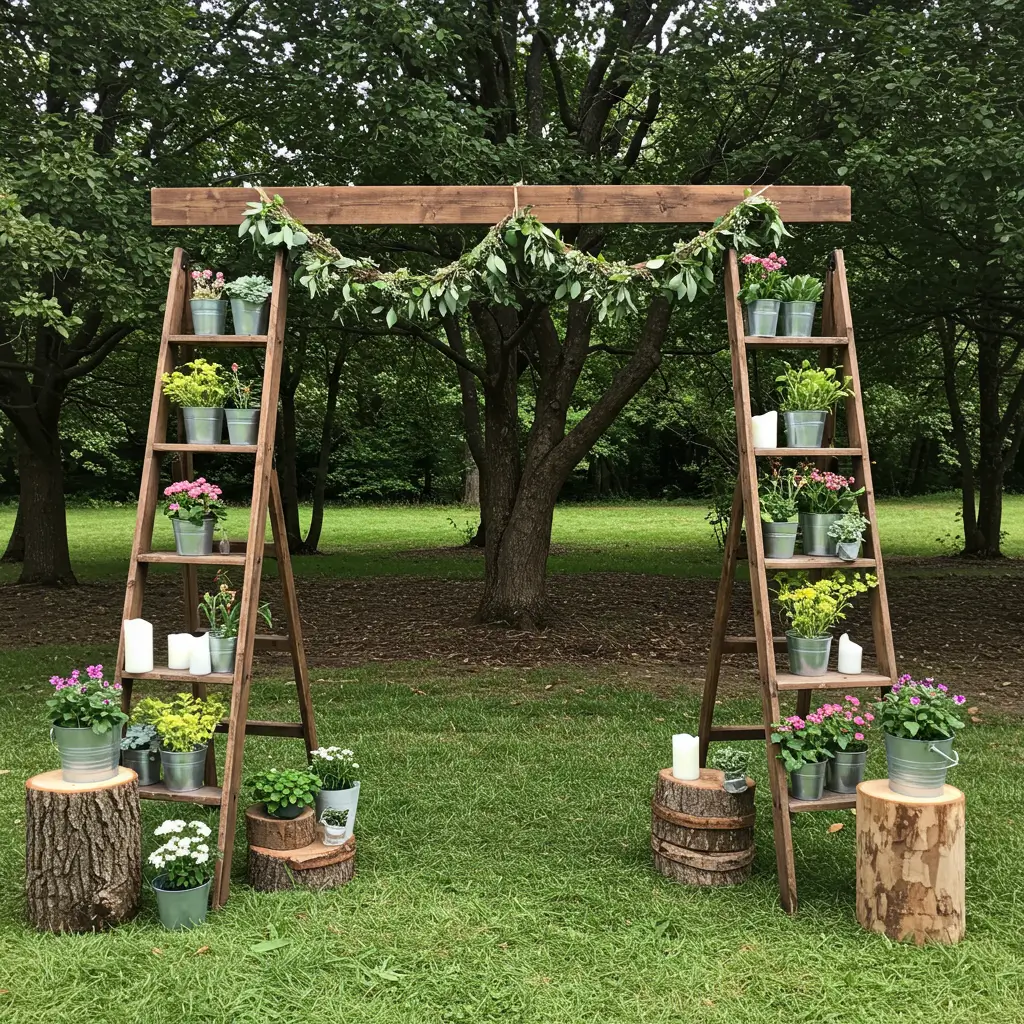 Rustic Ladder Altar with Potted Plants