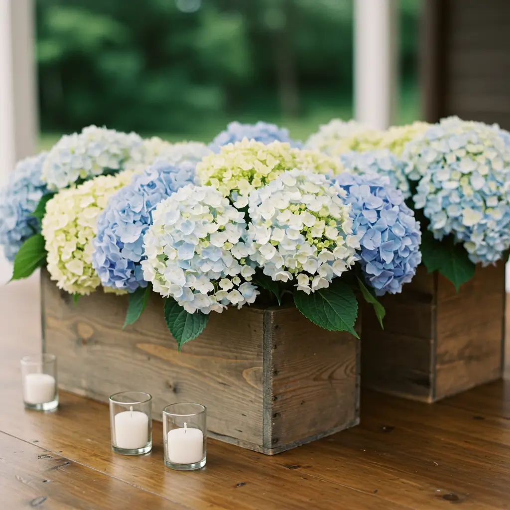 Rustic Wooden Boxes Overflowing with Hydrangeas