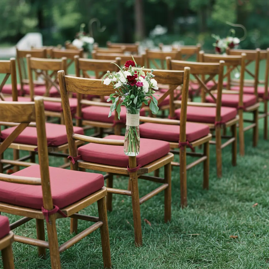 Rustic Wooden Chairs with Burgundy Cushions