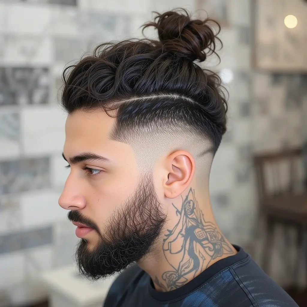 Side Fade with Curly Top Knot and Full Beard