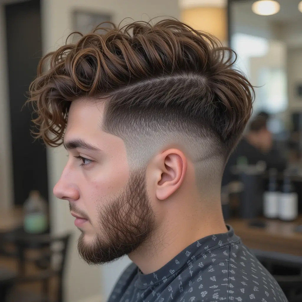 Side Swept Curls with Burst Fade and Trimmed Beard
