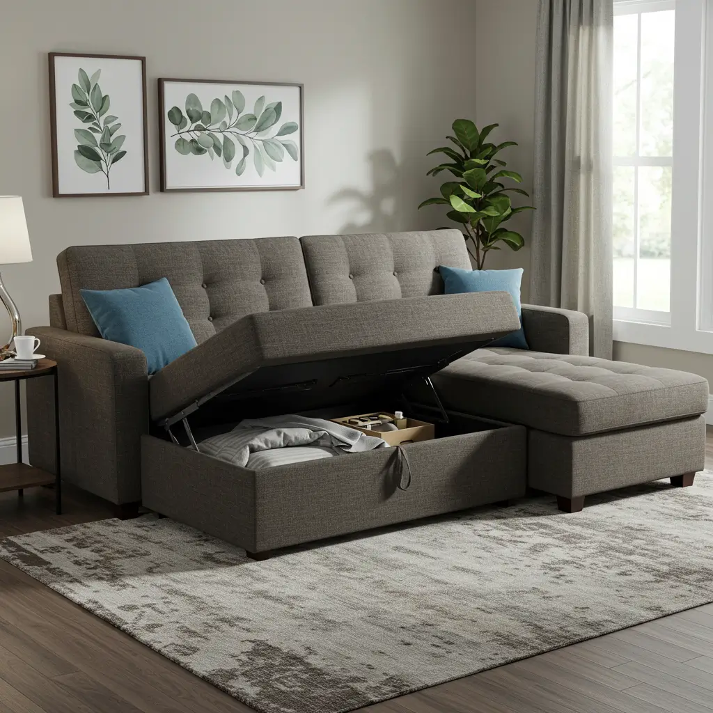 Sleeper Sofa with Chaise Lounge and Lift-Top Storage
