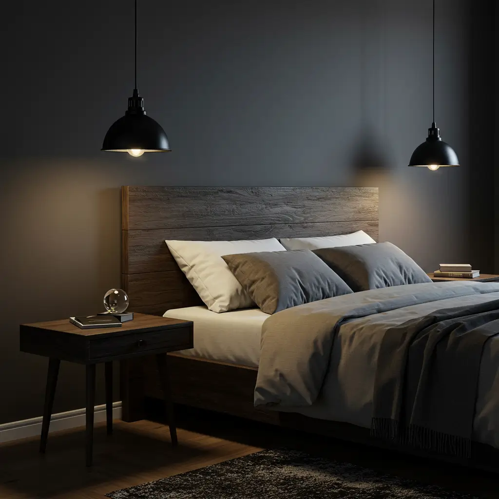 Steel Pendant Lights Over Wood Side Tables