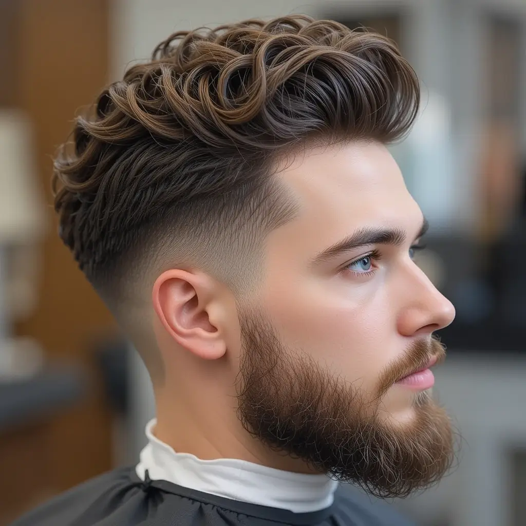 Taper Fade with Curly Pompadour and Beard Fade