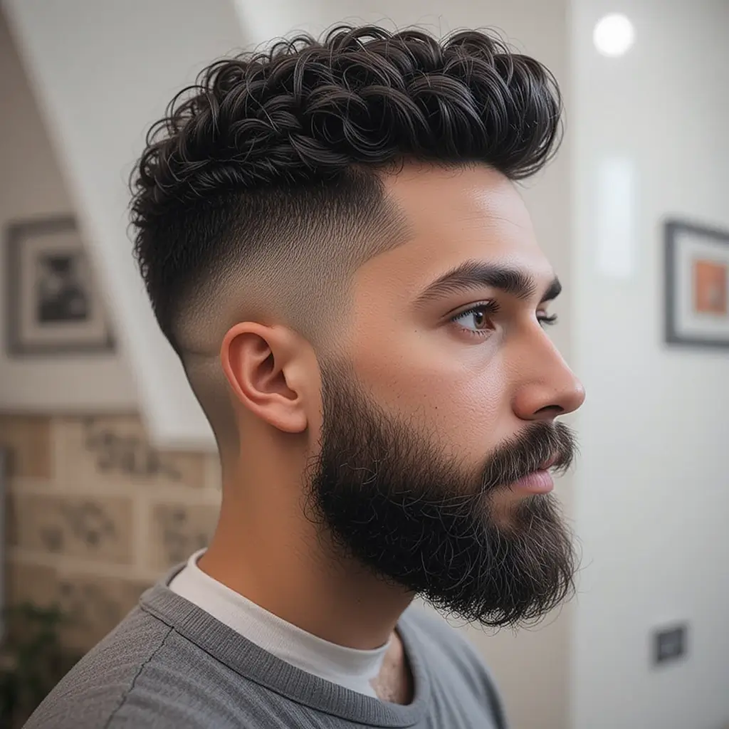 Taper Fade with Curly Top and Thick Beard