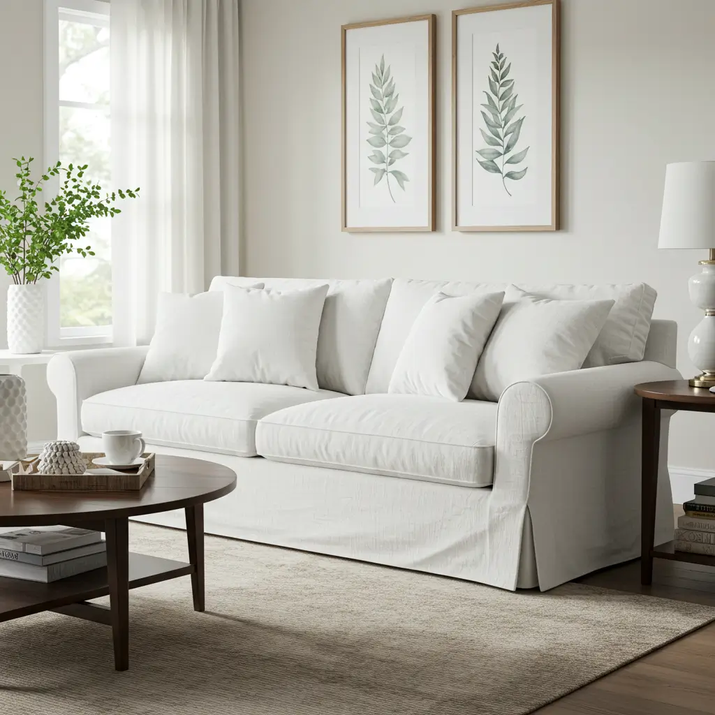 Textured White Slipcovered Sofa