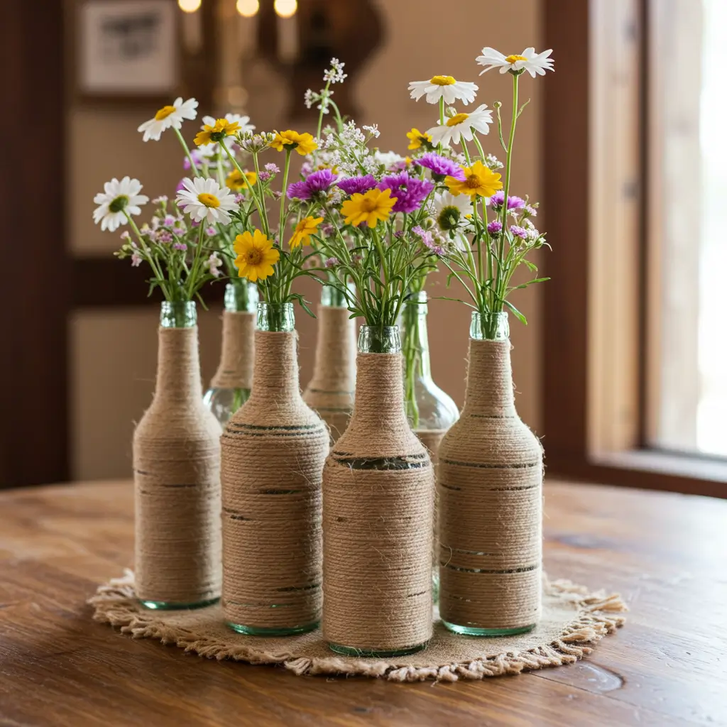 Twine-Wrapped Bottles with Flowers