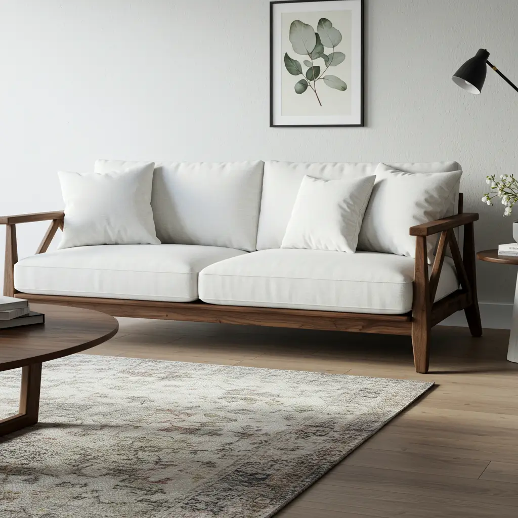 . Two-Toned White and Wood Sofa