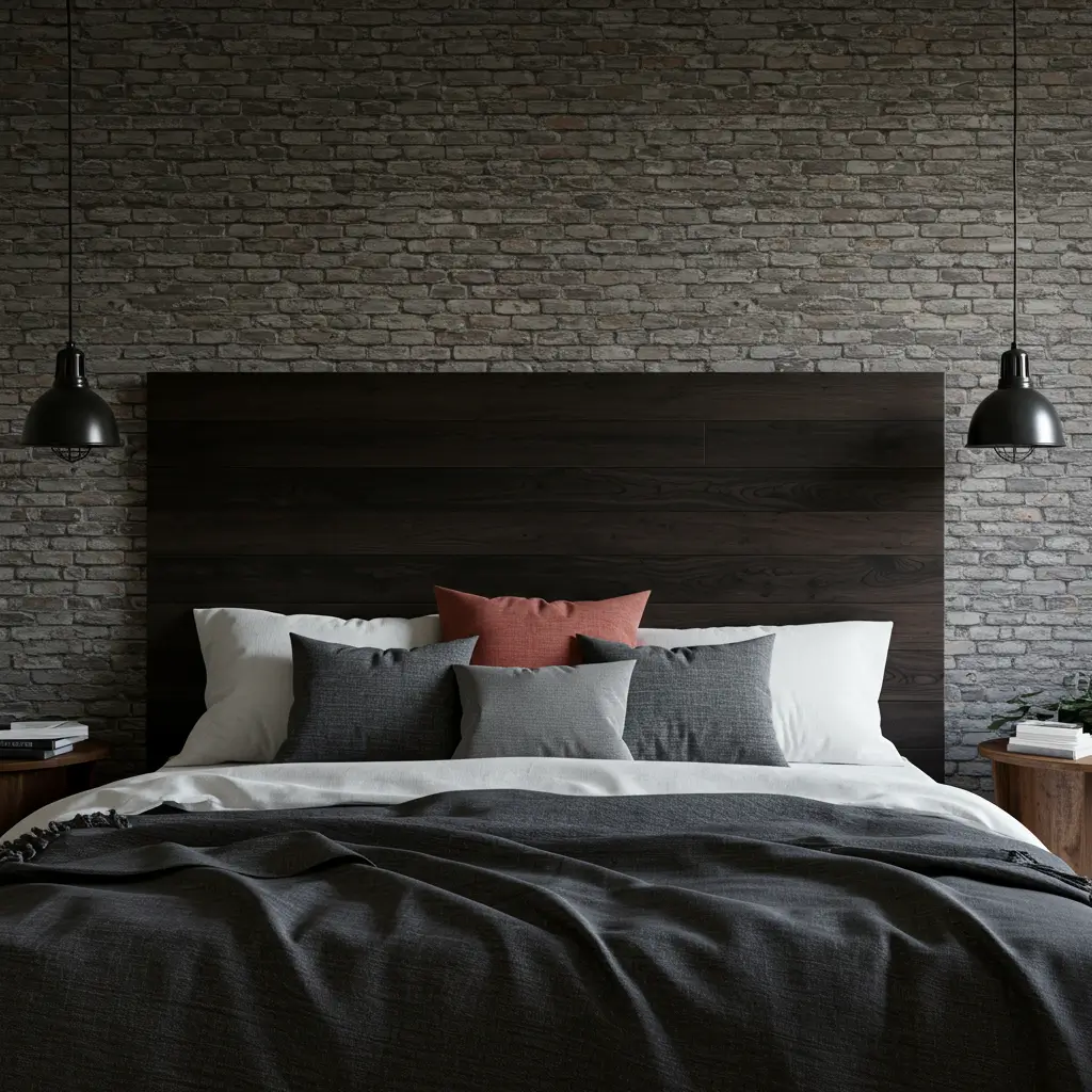 Urban Wallpaper and Wood Headboard Combo