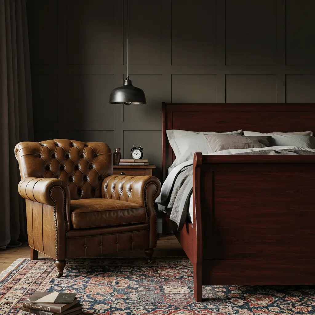 Vintage Leather Chair with Mahogany Bed