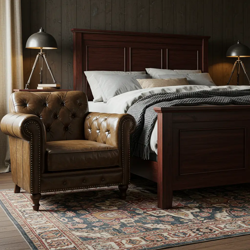 Vintage Leather Chair with Mahogany Bed