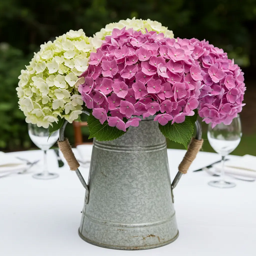 Vintage Pitcher Filled with Hydrangeas