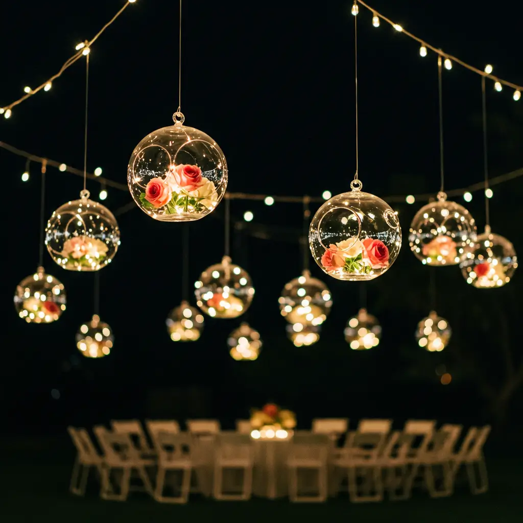 Warmly Lit Hanging Floral Globes