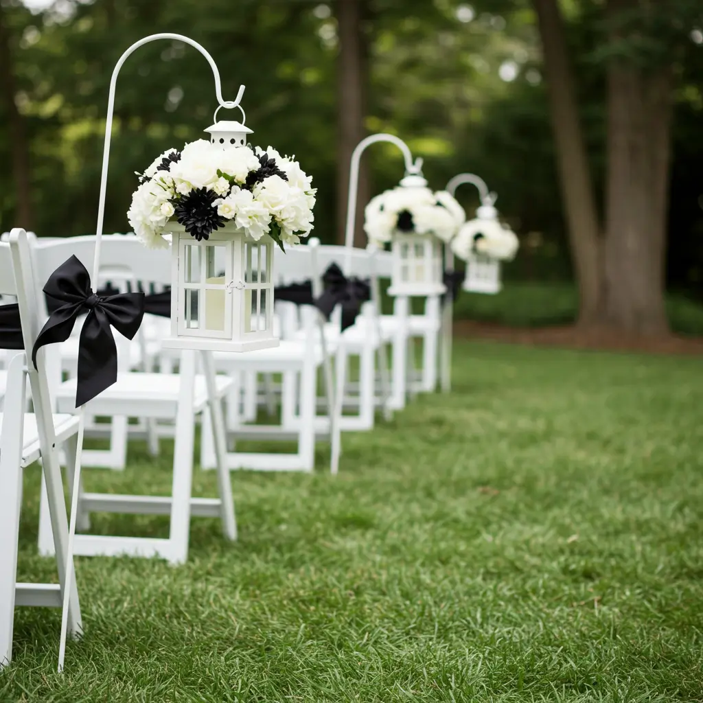White Aisle Markers with Black Bows