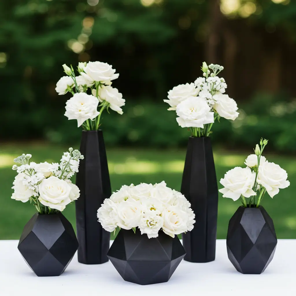 White Flowers in Black Geometric Vases