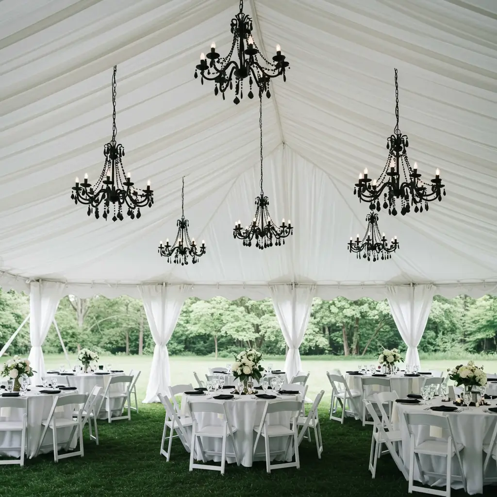 White Tent Ceiling with Black Chandeliers