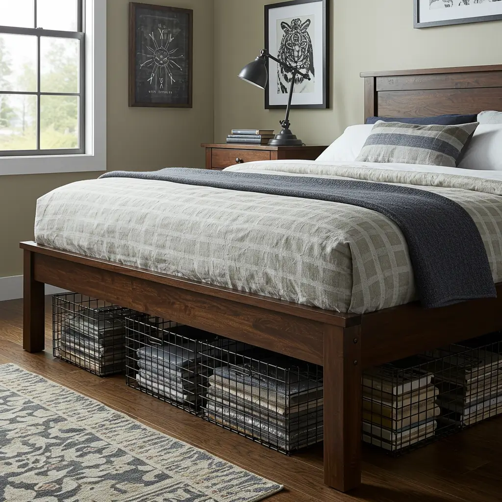 Wire Storage Baskets Under Wooden Bed Frames