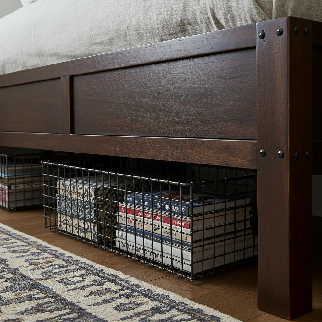 Wire Storage Baskets Under Wooden Bed Frames