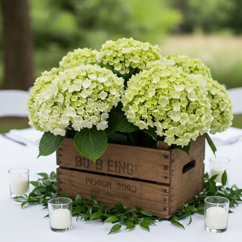Wooden Crate Centerpiece with Hydrangeas