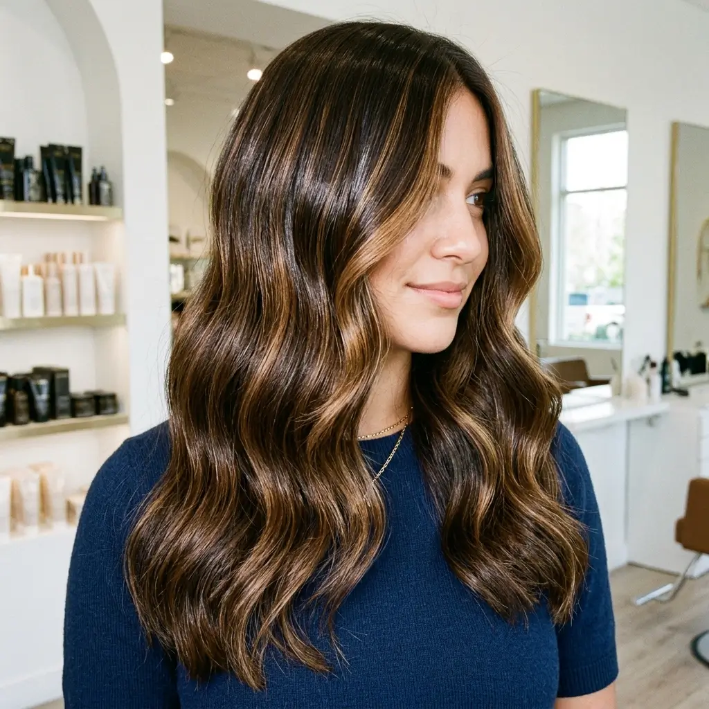 A gloss treatment is the single best thing you can do for dark brown hair with caramel highlights