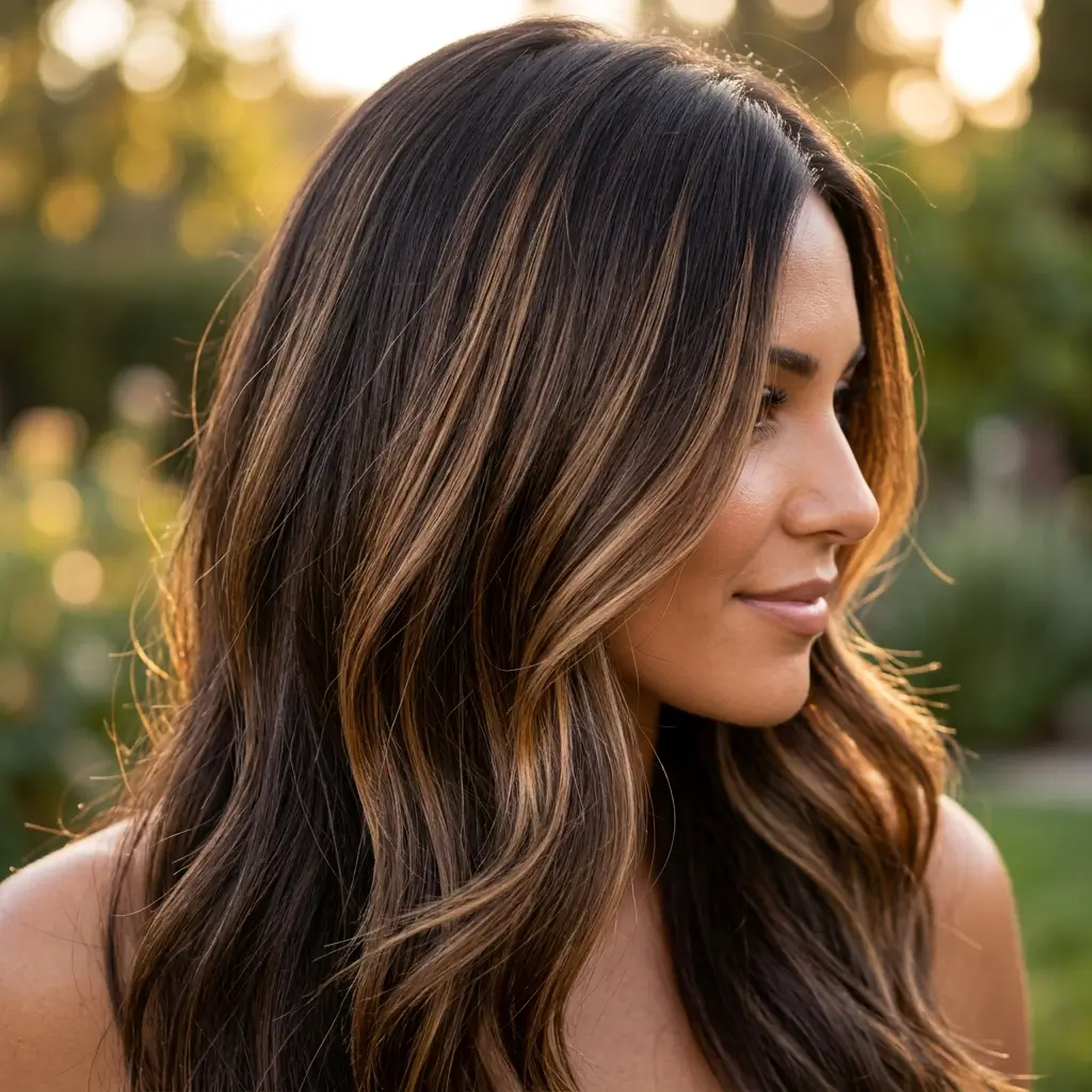 Dark brown hair with caramel highlights works because of contrast and warmth working together