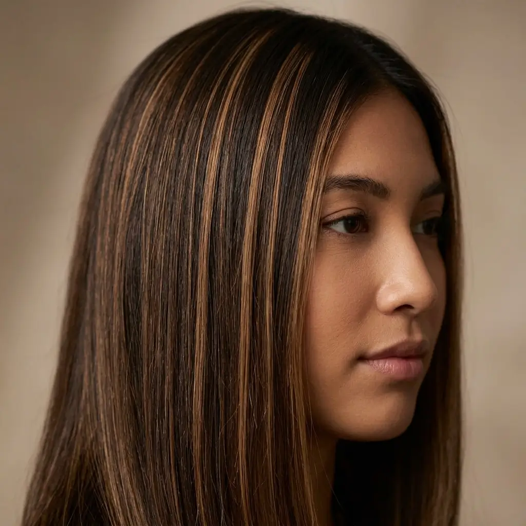 Dark brown hair with caramel highlights works on virtually every hair type and texture