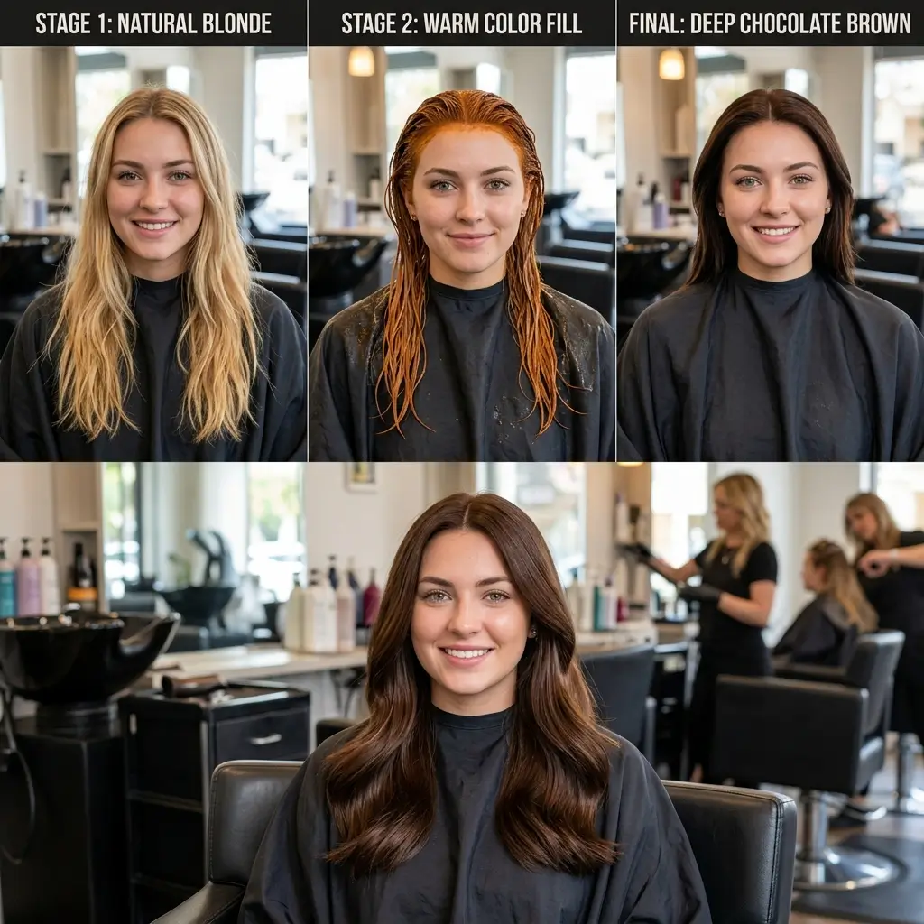 Going from blonde to dark brown hair color takes more planning than most people expect
