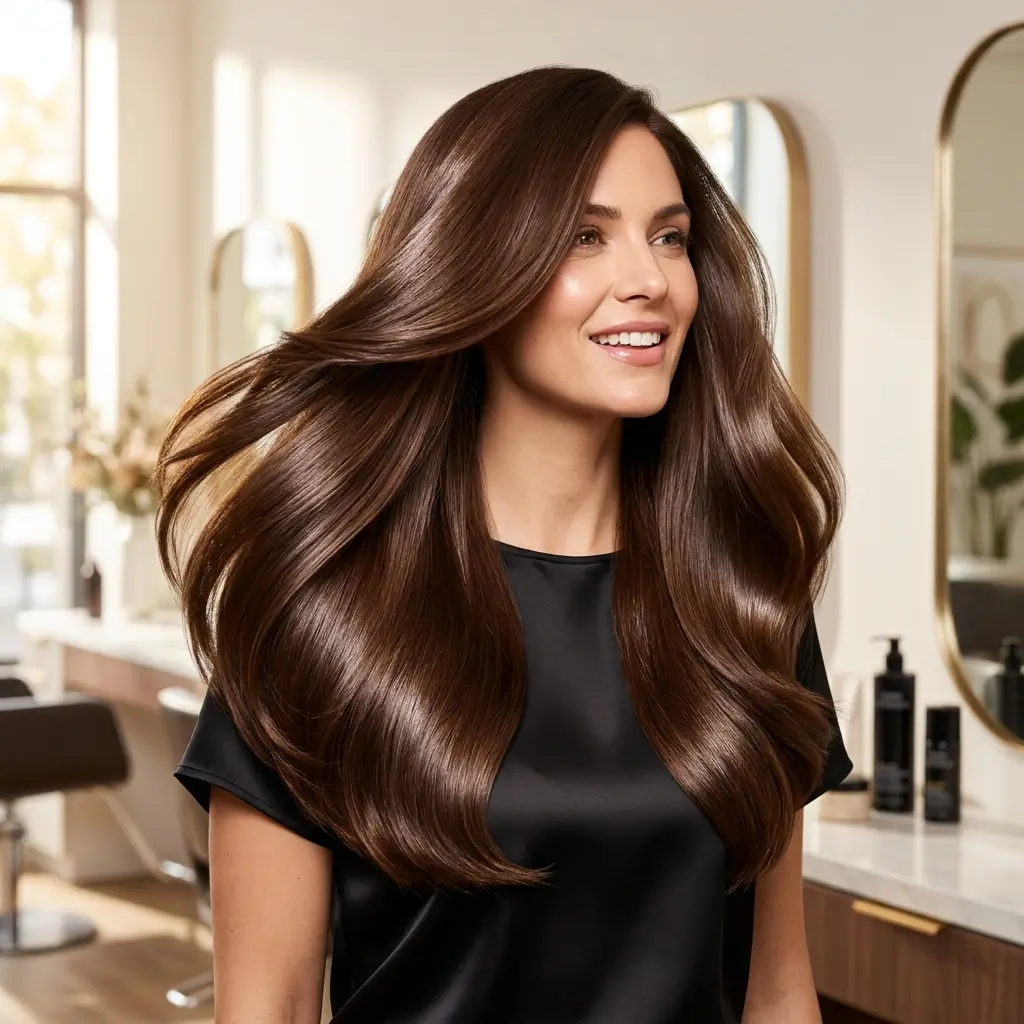 The secret to glossy, salonworthy chocolate brown hair is the gloss treatment